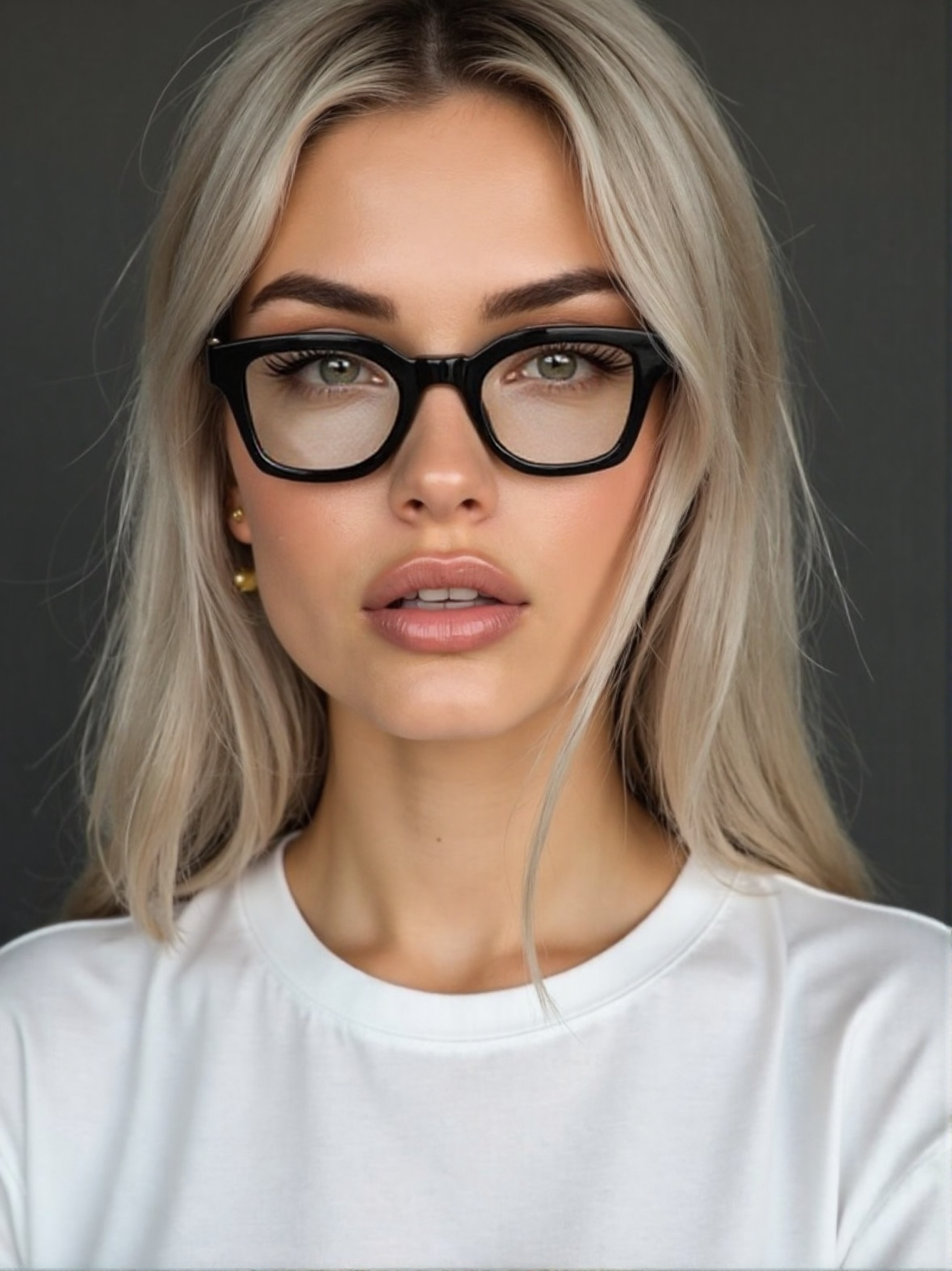 图片题图是“墨镜变眼镜”案例的原图。画面中是一位金发碧眼的女性,她戴着黑色框架的墨镜,穿着白色上衣,背景为深灰色。图片位于“墨镜变眼镜”案例描述语之后,用于展示案例中人物的原貌,为后续的局部重绘效果呈现提供参照。