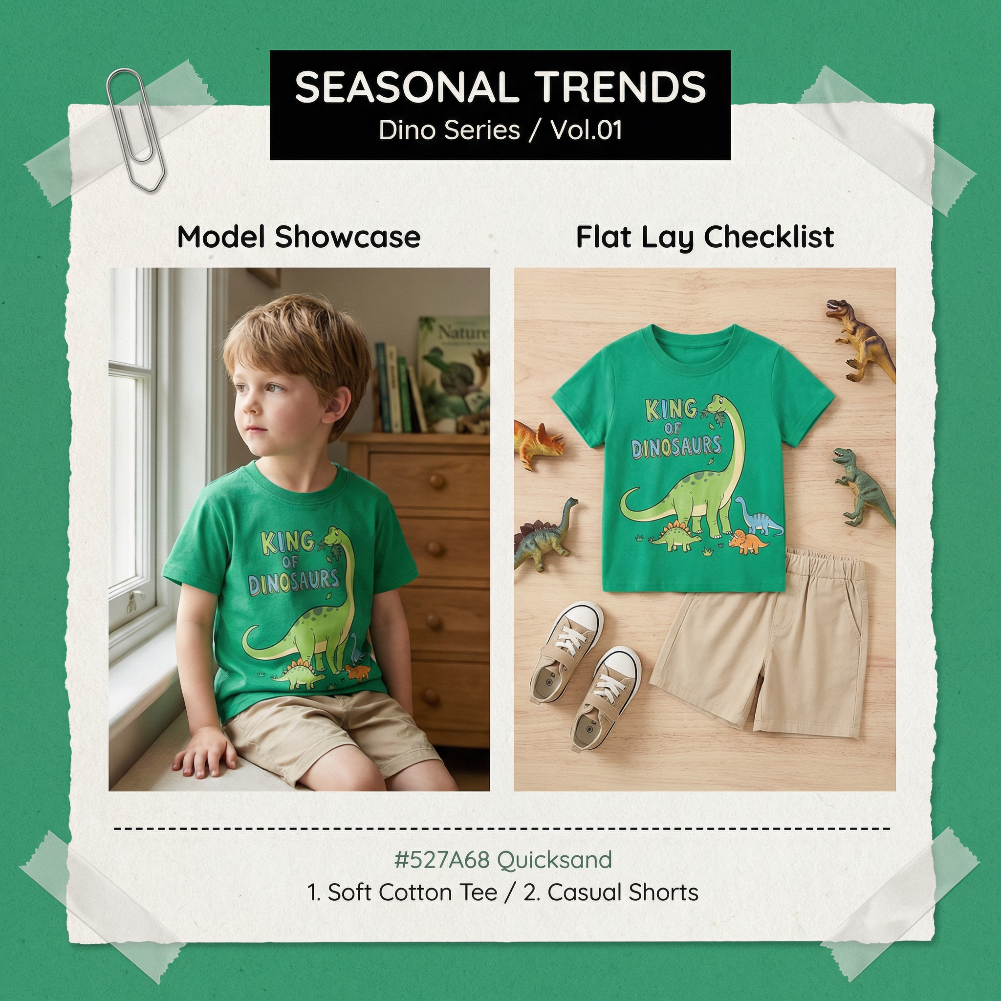图片展示的是“SEASONAL TRENDS Dino Series / Vol.01”系列服装。左侧为“Model Showcase”，呈现一位穿着绿色印有恐龙图案T恤和卡其色短裤的小男孩，背景是室内环境。右侧是“Flat Lay Checklist”，展示绿色印有恐龙图案的T恤、卡其色短裤、白色运动鞋及恐龙玩具，摆放在木质桌面上。图片下方标注商品编号#527A68 Quicksand，以及商品信息“1. Soft Cotton Tee / 2. Casual Shorts”。该图片与上下文介绍的服装套图生成相关，展示了服装搭配示例。
