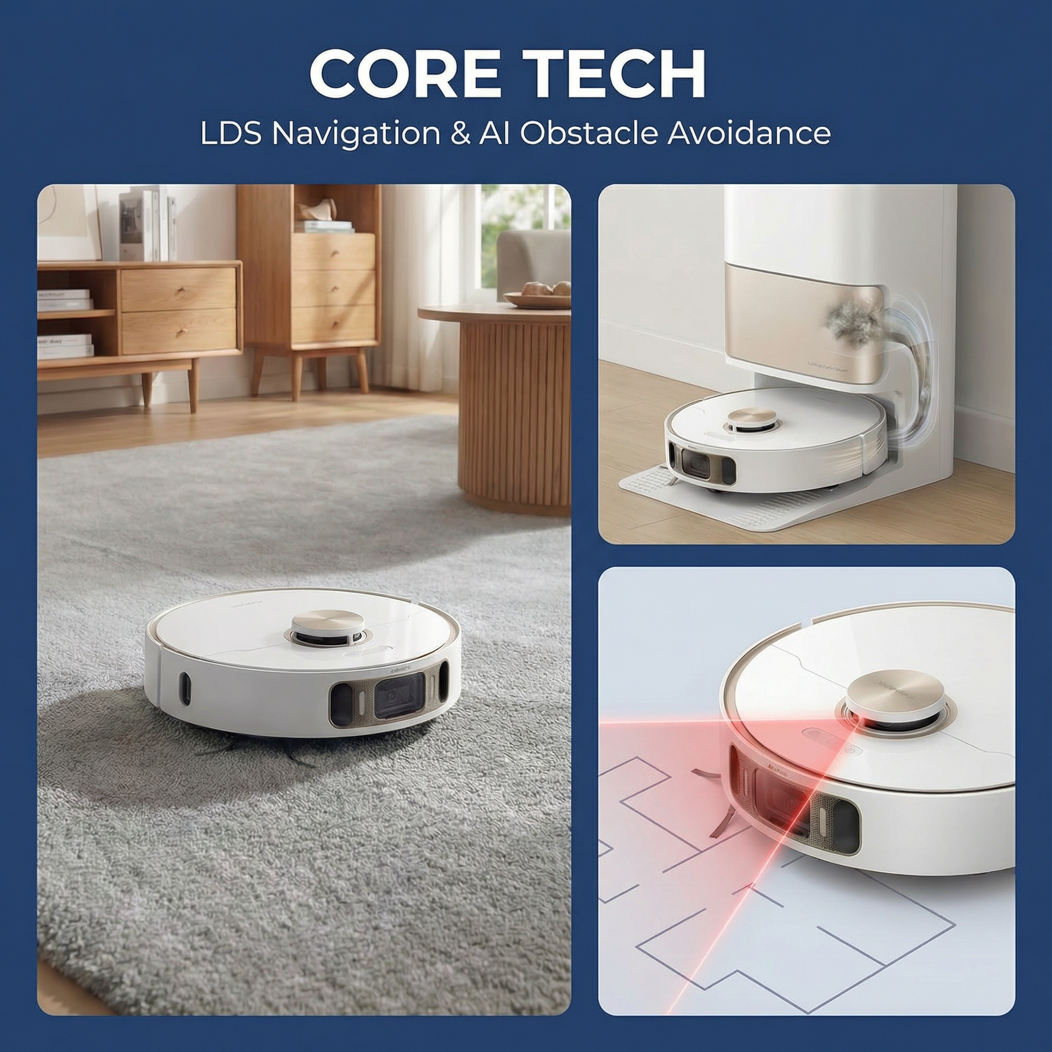 图片展示了扫地机器人LDS导航与AI避障技术。上方文字为“CORE TECH LDS Navigation & AI Obstacle Avoidance”。左侧大图呈现机器人在地毯上清扫的场景,右侧分为两部分,上图是机器人侧面特写,下图是机器人底部激光雷达扫描示意图,红色线条代表激光扫描路径。该图与上下文介绍的多图融合功能相关,用于说明扫地机器人具备的导航与避障技术,体现其智能特性。