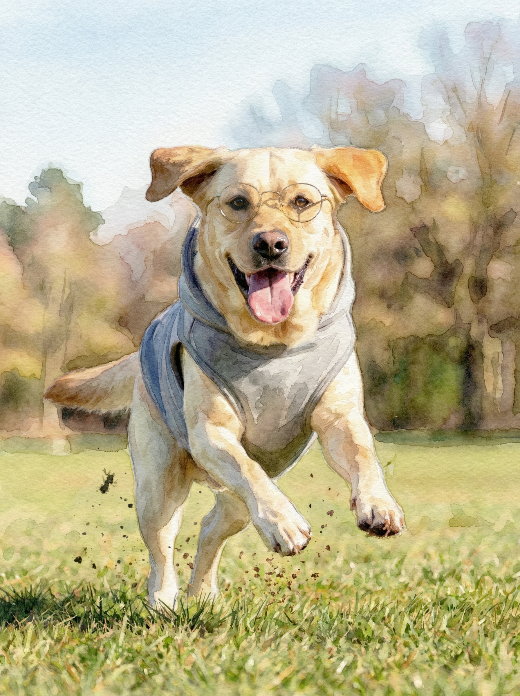 图片展示了一只戴着眼镜的黄色拉布拉多犬在草地上奔跑的场景。犬只张着嘴巴,舌头外露,显得非常活泼。它穿着一件灰色的背心,背景是模糊的树木和草地,整体色调偏暖,呈现出一种水彩画风格。该图片对应文档中“更换风格”功能的示例,用于展示将照片转换为水彩画风格后的效果。