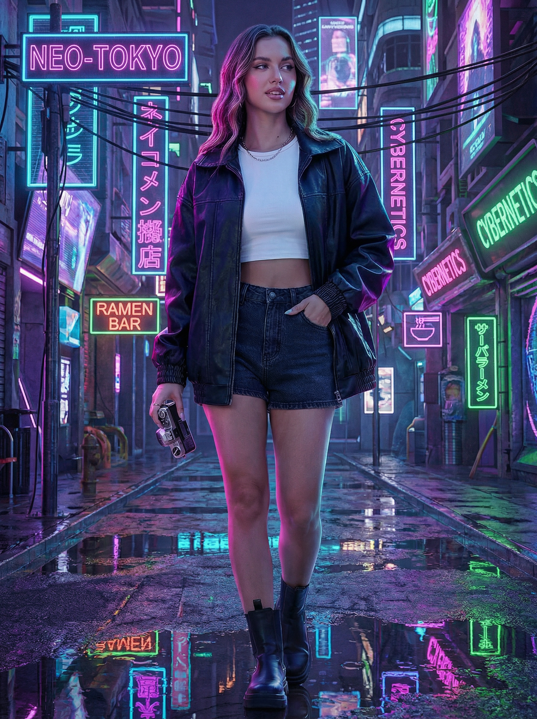 图片展示了一位站在霓虹灯闪烁的街道上的女性。她身着白色上衣、黑色夹克和牛仔短裤,脚穿黑色靴子,左手持手机。街道两侧布满色彩斑斓的霓虹灯招牌,如“RAMEN BAR”“CYBERNETICS”等,营造出赛博朋克风格的氛围。地面反光,映出街道上的景象。此图作为“更换风格”功能的示例输入图,用于展示原图效果,与上下文介绍的将照片转换为赛博朋克风格等内容相呼应。
