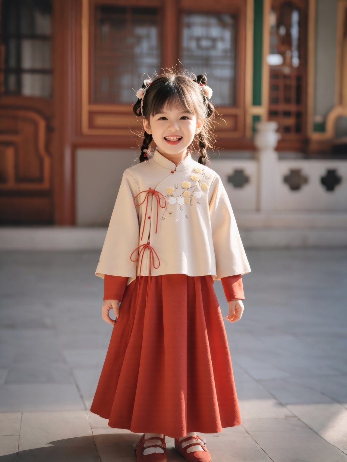 图片展示了一位穿着传统服饰的小女孩。她身着白色上衣，上衣有红色绳结装饰，衣摆处有红色蝴蝶结，下身搭配红色长裙，裙摆宽大。小女孩扎着双马尾，头戴花饰，面带微笑，背景为木质结构的建筑，地面为石板铺成。此图与文档中介绍的“连体童装”功能相关，直观呈现了AI穿衣生成的童装效果。