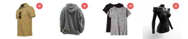 图片展示了AI穿衣功能中上传服装图的示例。画面中有四件不同款式的上衣，从左至右依次为浅色短袖、灰色连帽衫、黑白拼色T恤、黑色紧身长袖上衣。每件衣服右侧都有红色的“X”删除图标。这些示例图片与上下文紧密相关，直观呈现了AI穿衣功能中单件上身服装图的上传要求，帮助用户了解可上传的服装样式及样式要求。