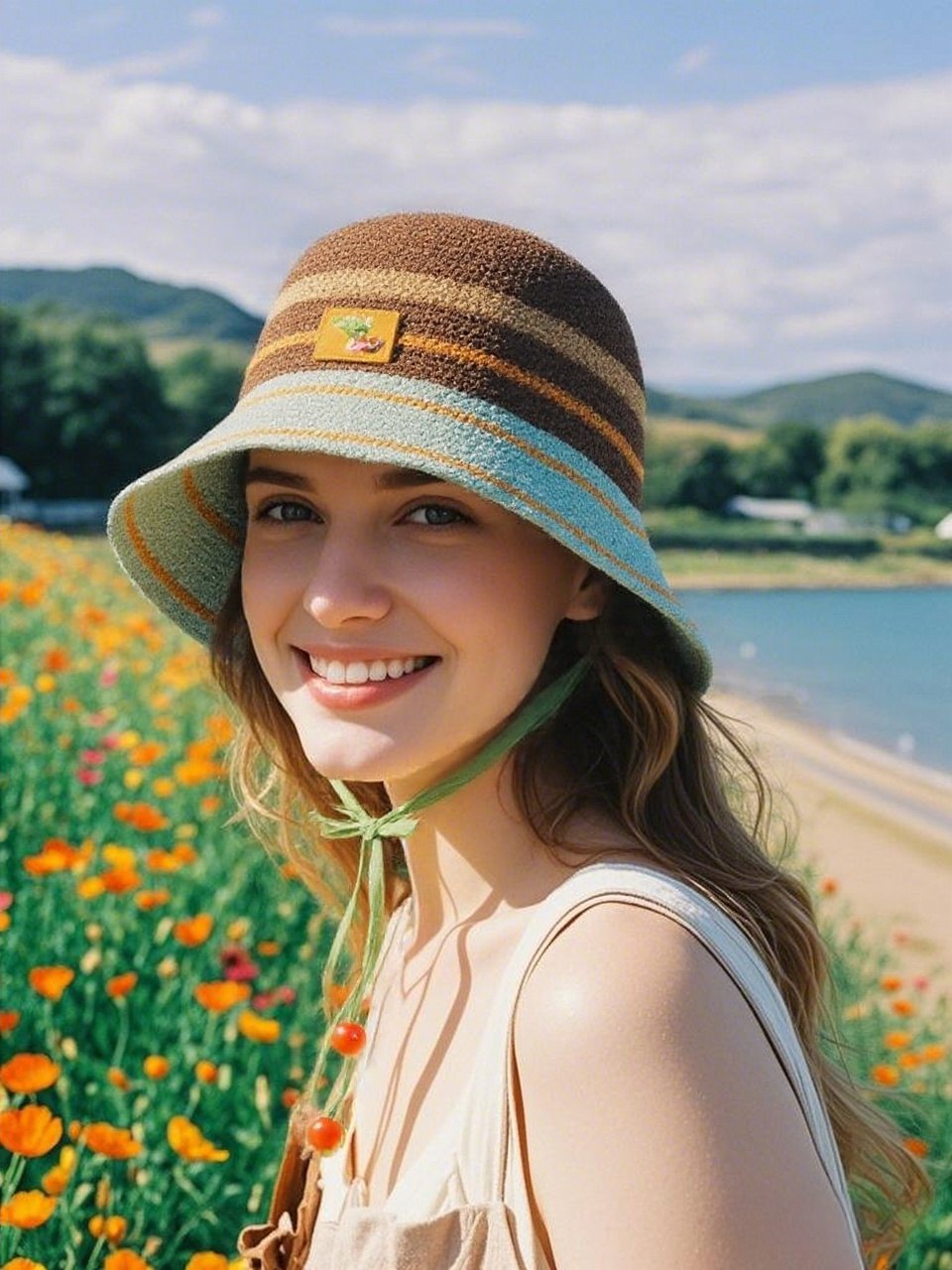 图片展示了一位戴着棕色条纹帽子的女性,她面带微笑,背景是蓝天白云、绿树和湖边的花田。图片位于介绍AI穿戴功能的文档中,用于展示AI穿戴可将帽子穿在模特身上的效果,直观呈现了AI穿戴适用品类中的帽子功能,帮助用户了解其使用效果和应用场景。