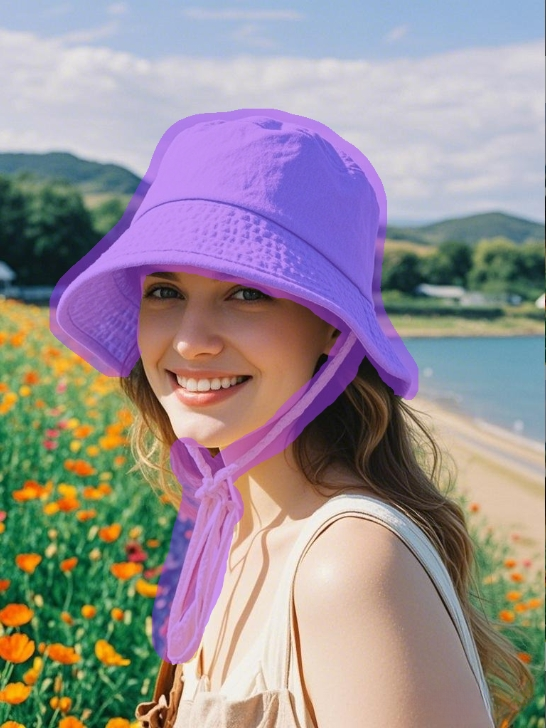 图片展示了一位戴着紫色遮阳的女性。她面带微笑,站在一片开满 addCriterion图片