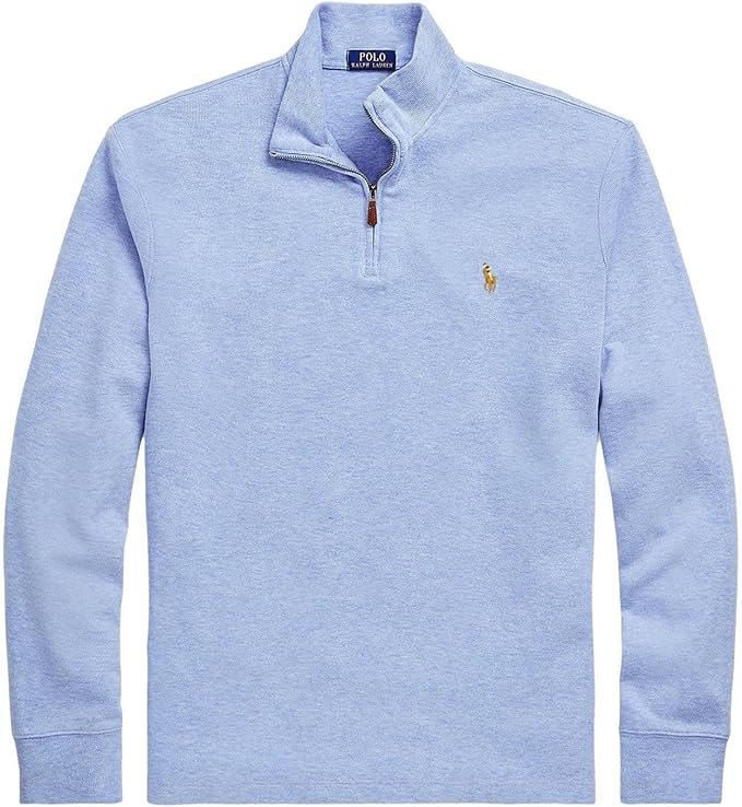 图片展示的是Ralph Lauren品牌的服装，是一件浅蓝色的长袖上衣。上衣为半高领设计，衣领处有拉链，拉链为银色。左胸处有一个小马标志，马身呈黄色，背景为红色。上衣整体版型修身，袖口和下摆有松紧设计。图片位于文档中“尺码图（实际只生成2张）”部分，用于展示服装实物样貌。