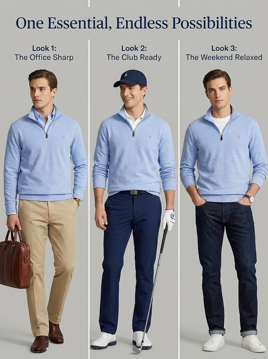 图片展示了Ralph Lauren服装的三种穿搭风格。左侧Look 1为The Office Sharp，模特穿着浅蓝色拉链开衫、米色裤子和棕色皮鞋，手提棕色公文包；中间Look 2为The Club Ready，模特穿同款开衫、深蓝色裤子和白色运动鞋，手持高尔夫球杆；右侧Look 3为The Weekend Relaxed，模特同样穿同款开衫、深蓝色牛仔裤和白色运动鞋。图片上方文字为“一个基本款，无限可能”。该图与上下文介绍的服装套图案例相关，展示了不同场合的穿搭示例。