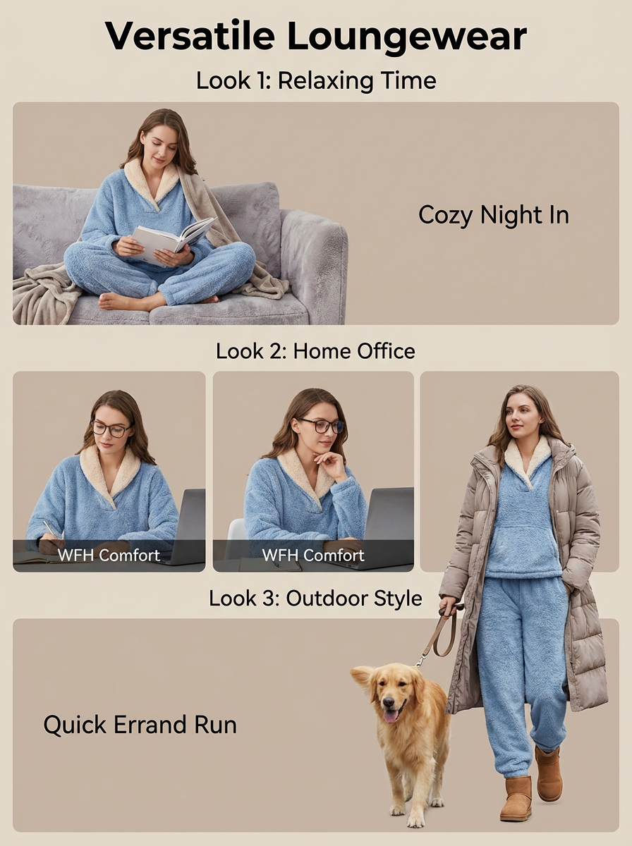 图片展示的是服装套图案例中的种草图，主题为“Versatile Loungewear”。分为三个Look，Look 1为“Relaxing Time”，呈现一位女士在沙发上阅读的场景；Look 2为“Home Office”，展示女士在电脑前工作的画面；Look 3为“Outdoor Style”，呈现女士穿着外套与裤子，牵着狗的场景。图片下方标注“Quick Errand Run”。该图与上下文介绍的服装套图案例相契合，直观呈现了服装在不同场景下的穿搭效果。