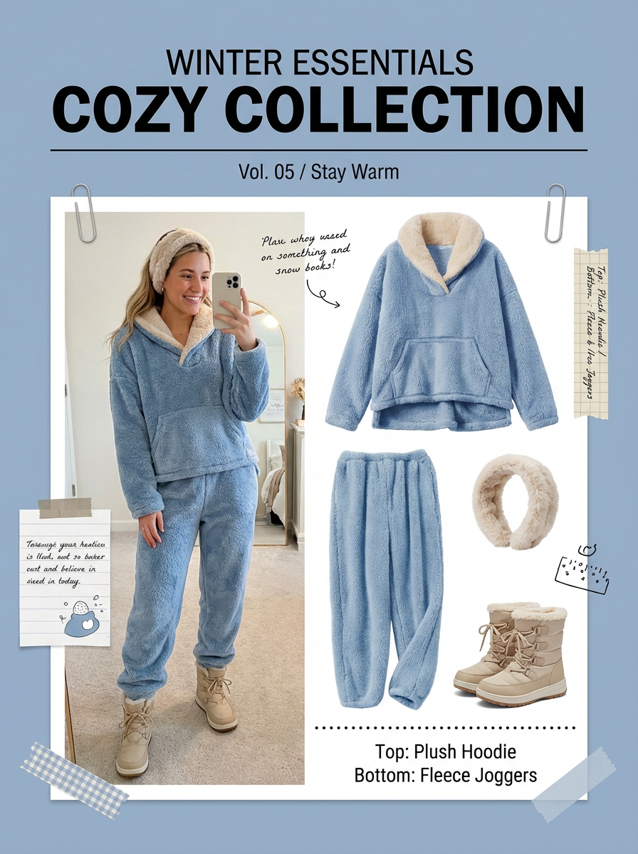 这是一张冬季保暖服饰种草宣传图，属于批量生图功能生成的服装套图案例，具体为软萌舒适的浅蓝色毛绒家居套装相关的种草图。图中展示了身着同款浅蓝色毛绒家居套装的女性自拍形象，同时呈现了这套家居套装的单品细节，包括带毛绒翻领的毛绒卫衣、同系列毛绒长裤，还搭配了配套的耳罩、雪地靴等冬日配饰。图内标注了上衣为毛绒卫衣、下装为毛绒慢跑裤，还搭配了相关文案，整体围绕“WINTER ESSENTIALS COZY COLLECTION”的主题，用于展示这类冬日服饰的穿搭效果与单品样式。