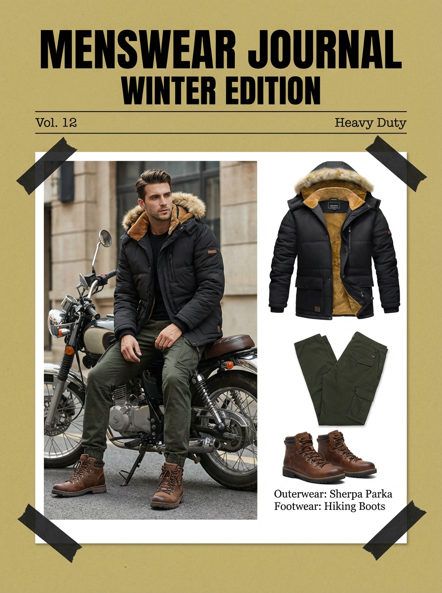 图片展示的是《MENSWEAR JOURNAL》冬季版第12期封面。画面左侧是一位骑着摩托车的男子，他穿着黑色外套、绿色裤子和棕色靴子，背景为城市建筑。右侧展示了外套、裤子和靴子的单独图片，外套为Sherpa Parka，靴子为Hiking Boots。图片整体以棕色为主色调，有黑色胶带装饰，突出服装搭配主题，与上下文介绍的服装套图案例相契合。