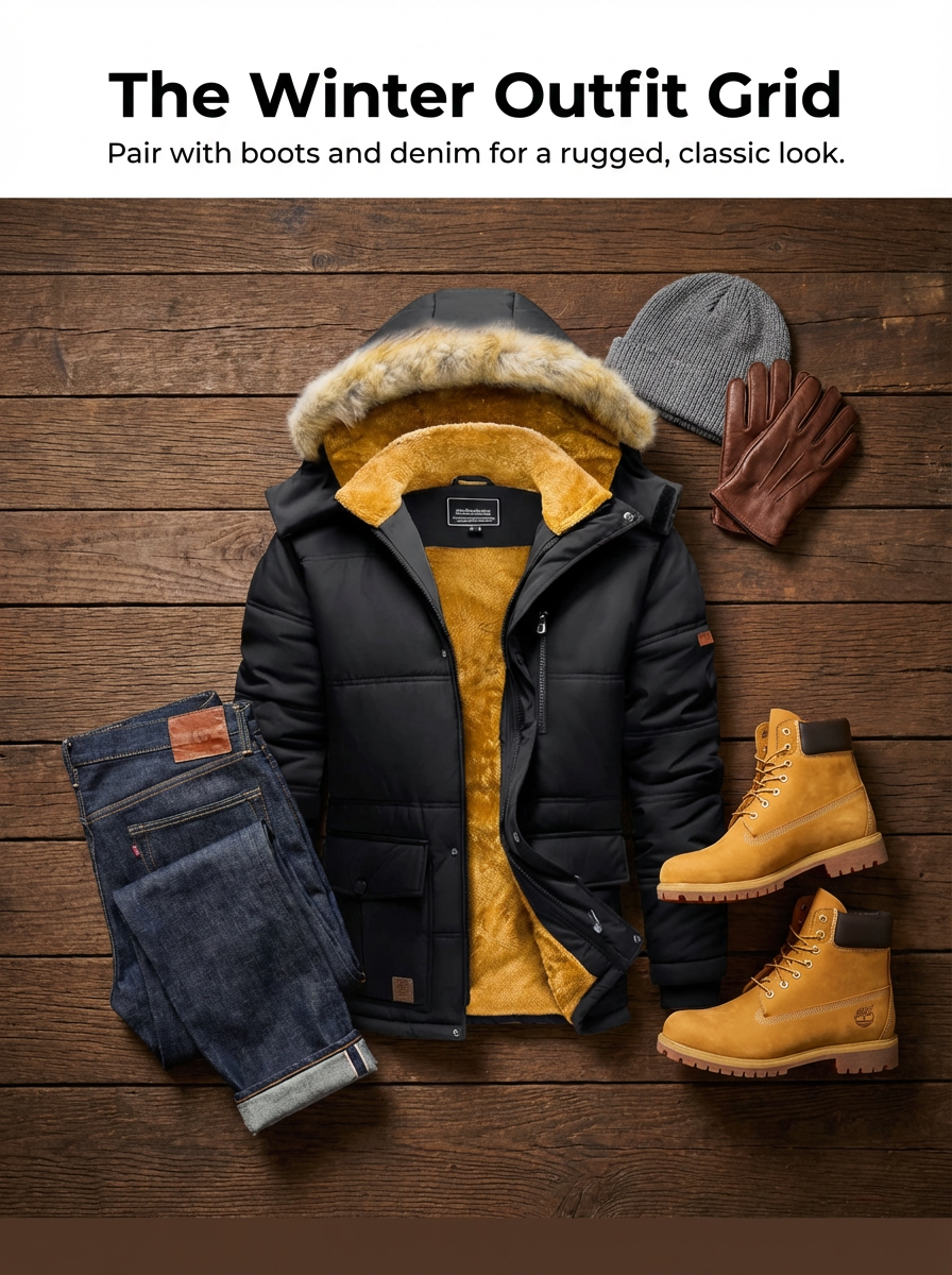 图片展示了一套冬季服装搭配，背景为木质地板。上方文字为“The Winter Outfit Grid”，并配有“Pair with boots and denim for a rugged, classic look.”的说明。图片中摆放着黑色带毛领的羽绒服、深蓝色牛仔裤、棕色靴子、灰色针织帽和棕色手套，整体呈现出硬朗、经典的冬季穿搭风格。该图片与文档中介绍的服装套图案例相关，展示了种草图/卖点图/尺码图/白底3D图等类型之一。