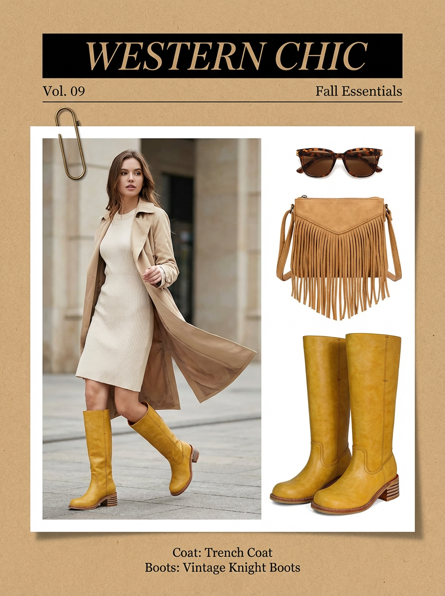 图片展示的是“WESTERN CHIC”系列服装套图，属于“Fall Essentials”系列，编号为Vol. 09。画面左侧是一位身着米色连衣裙、卡其色风衣及黄色长靴的女性，背景为建筑。右侧配有墨镜、棕色流苏包、黄色长靴等配饰的图片。底部标注“Coat: Trench Coat Boots: Vintage Knight Boots”。该图片与上下文介绍的服装套图案例相关，展示了该系列的服装及配饰搭配。