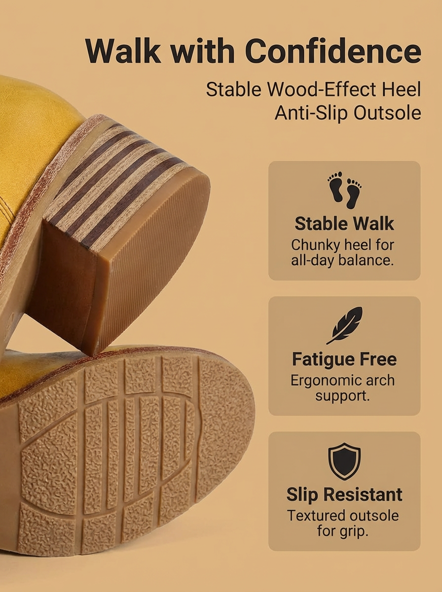 图片展示了一双黄色鞋子的鞋底部分，背景为浅色。上方文字为“Walk with Confidence”及“Stable Wood-Effect Heel Anti-Slip Outsole”。右侧有三个信息框，分别介绍鞋底特点：Stable Walk（稳定行走，粗跟提供全天平衡）、Fatigue Free（无疲劳，人体工学拱形支撑）、Slip Resistant（防滑，纹理外底提供抓地力）。图片与上下文介绍的服装套图、种草图等内容相关，突出鞋子鞋底的稳定性和防滑性。