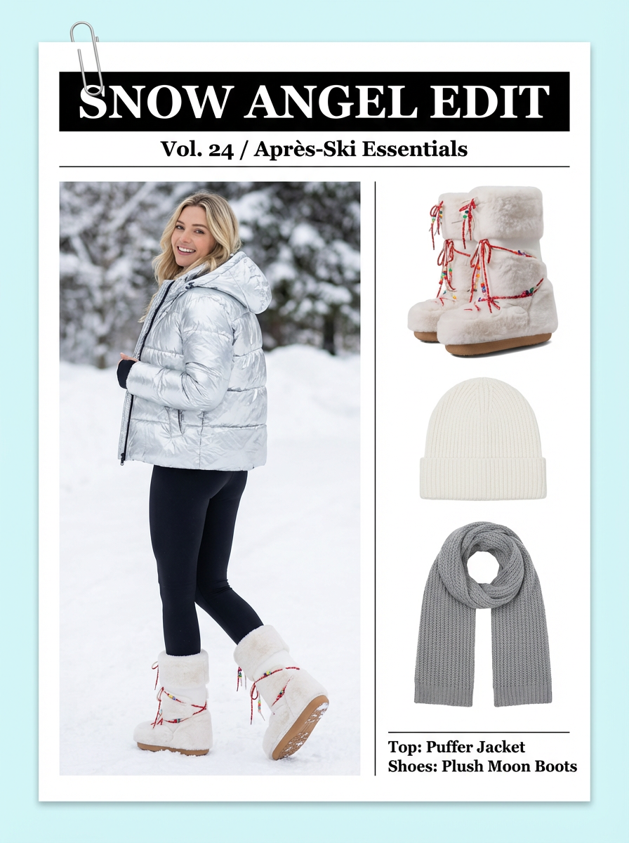 图片展示的是“SNOW ANGEL EDIT Vol. 24 / Après-Ski Essentials”系列中的服装套图。左侧是一位站在雪地里的女性，她穿着银色羽绒服、黑色紧身裤和白色毛绒靴。右侧分别展示了白色毛绒靴、白色针织帽和灰色围巾。图片下方标注“Top: Puffer Jacket Shoes: Plush Moon Boots”，与上下文介绍的种草图/卖点图/尺码图/白底3D图等内容相契合，是该系列服装的展示图。