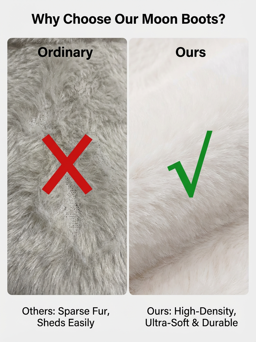 图片对比了普通毛绒和自家产品的材质差异。左侧标有“Ordinary”，显示普通毛绒材质稀疏、易掉毛，用红色“X”标识；右侧标有“Ours”，展示自家产品材质高密度、超柔软且耐用，用绿色“√”标识。图片位于“种草图/卖点图/尺码图/白底3D图”案例介绍中，用于说明自家产品在材质方面的优势，与上下文强调产品卖点的内容相契合。