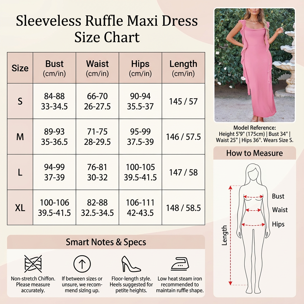 图片是一张无袖褶边长裙的尺码图，标题为“Sleeveless Ruffle Maxi Dress Size Chart”。图中展示了不同尺码的胸围、腰围、臀围及长度数据，如S码胸围84 - 88cm，腰围66 - 70cm等。右侧配有模特穿着粉色长裙的图片，标注模特身高1.75m、胸围34寸、腰围34寸、臀围36寸，穿着S码。底部有测量方法示意图，标注了胸围、腰围、臀围及长度的测量位置。