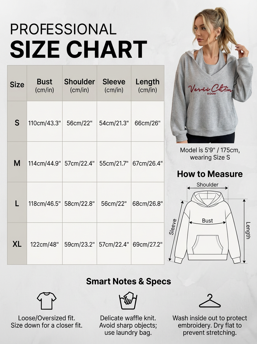 图片是一张服装尺码图，标题为“PROFESSIONAL SIZE CHART”。图中展示了不同尺码（S、M、L、XL）的胸围、肩宽、袖长、衣长等尺寸数据，如S码胸围110cm、肩宽56cm等。右侧有模特穿着灰色卫衣的示例，标注模特身高175cm，穿着S码。下方有测量方法示意图，以及“Smart Notes & Specs”部分内容，包括宽松版型需小码、面料为精致针织、避免尖锐物品、洗涤方式等。该图与上下文介绍的服装尺码图相关，为消费者提供尺码参考。