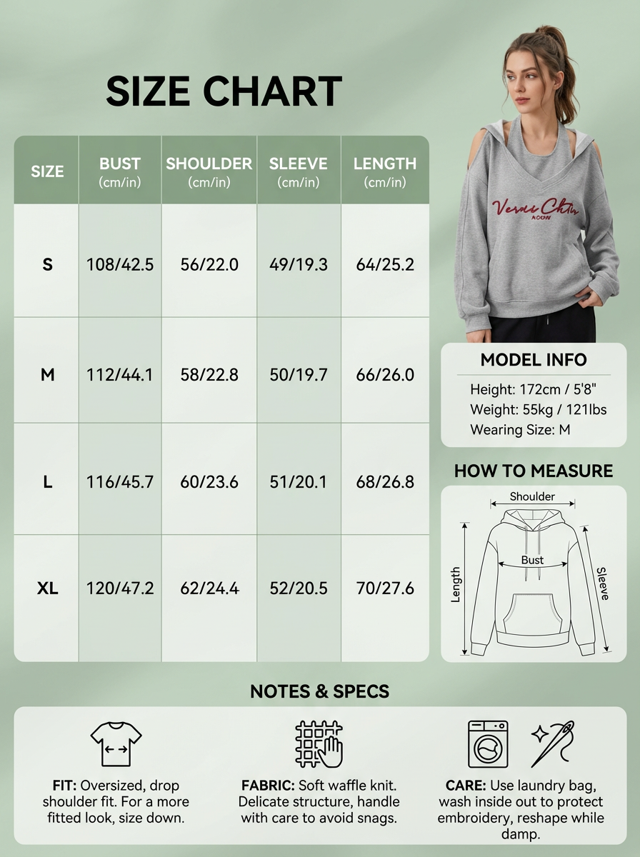 图片是一张服装尺码表，背景为浅绿色。上方标题为“SIZE CHART”。表格详细列出了S、M、L、XL四个尺码的胸围、肩宽、袖长、衣长等尺寸数据。右上角展示了模特穿着灰色连帽衫的示例，下方有模特身高、体重及着装尺码信息。右下角是测量方法示意图，标注了肩宽、胸围、衣长等测量部位。底部还标注了服装特点、面料及护理说明。