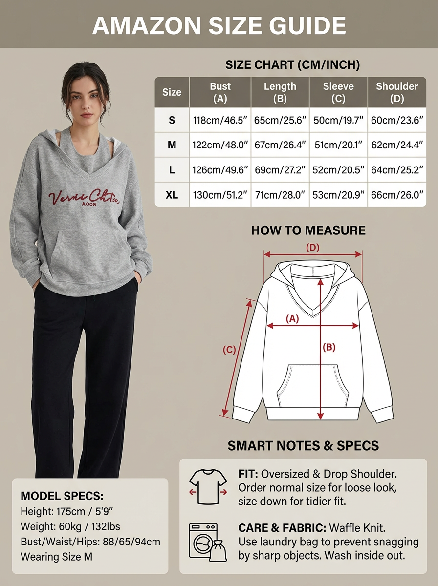 图片是一张亚马逊服装尺码图，展示了不同尺码的尺寸数据。图中女性模特穿着灰色连帽衫，衣上印有“Versus Club”字样。右侧是尺码表，列出了S、M、L、XL四个尺码的胸围、长度、袖长、肩宽等具体尺寸。下方有测量方法示意图，标注了胸围、长度、袖长、肩宽等测量部位。底部还标注了模特身高、体重及着装尺码，以及服装材质、洗涤等注意事项。