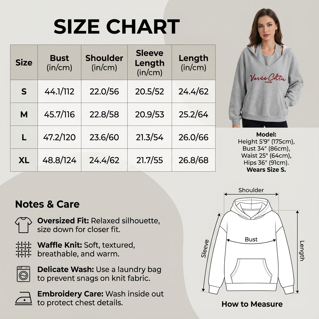 图片是一张服装尺码图，标题为“SIZE CHART”。图中展示了不同尺码（S、M、L、XL）的服装尺寸，包括胸围、肩宽、袖长、衣长等数据，单位为英寸/厘米。右侧配有模特穿着灰色卫衣的示例图，标注了模特身高、三围等信息。底部有“Notes & Care”部分内容，包括服装版型、面料特点、洗涤建议及刺绣护理等说明，还配有测量方法示意图。此图与上下文介绍的服装尺码图相关，直观呈现了服装尺寸及护理信息。