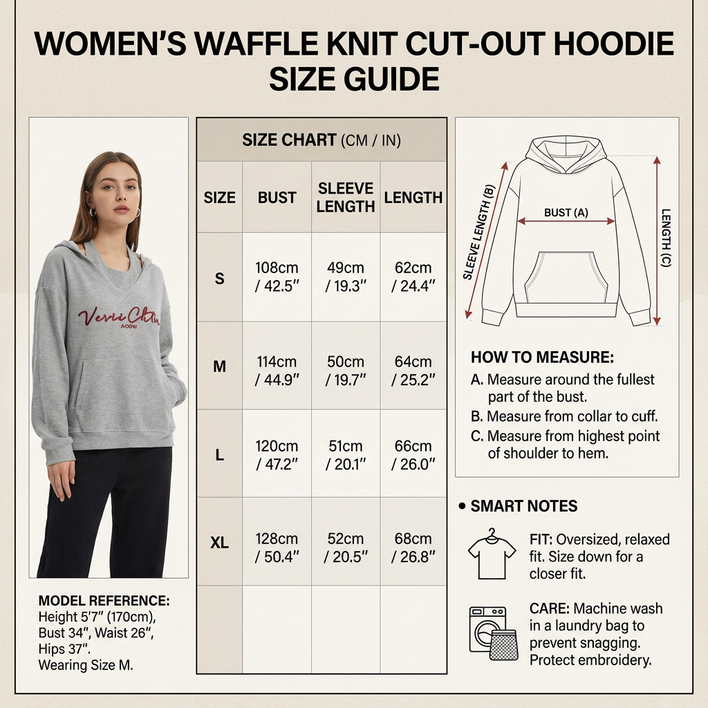 图片为VeniceCk的Waffle Knit Cut-Out Hoodie尺码图。左侧展示一位模特穿着灰色连帽衫，右侧是尺码表，包含S、M、L、XL四个尺码，分别列出胸围、袖长、长度等尺寸数据。右侧还配有测量方法说明，标注了胸围、袖长、长度的测量位置。底部有模特身高、三围等信息，以及尺码备注、洗涤说明等内容。该图与上下文介绍的服装尺码图相关，为消费者提供购买参考。