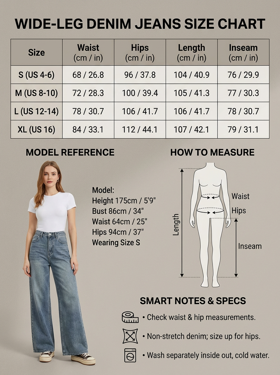 图片是一张宽腿牛仔裤尺码表，标题为“WIDE-LEG DENIM JEANS SIZE CHART”。表格按S、M、L、XL四个尺码列出腰围、臀围、裤长、裤脚长等尺寸数据。下方有模特参考图，模特身高175cm，着S码牛仔裤。还配有测量方法示意图，标注了腰围、臀围、裤长、裤脚长位置。底部有智能提示，如检查腰臀围、非弹性牛仔布需加大码等。此图与上下文介绍服装尺码相关，为购买者提供参考。
