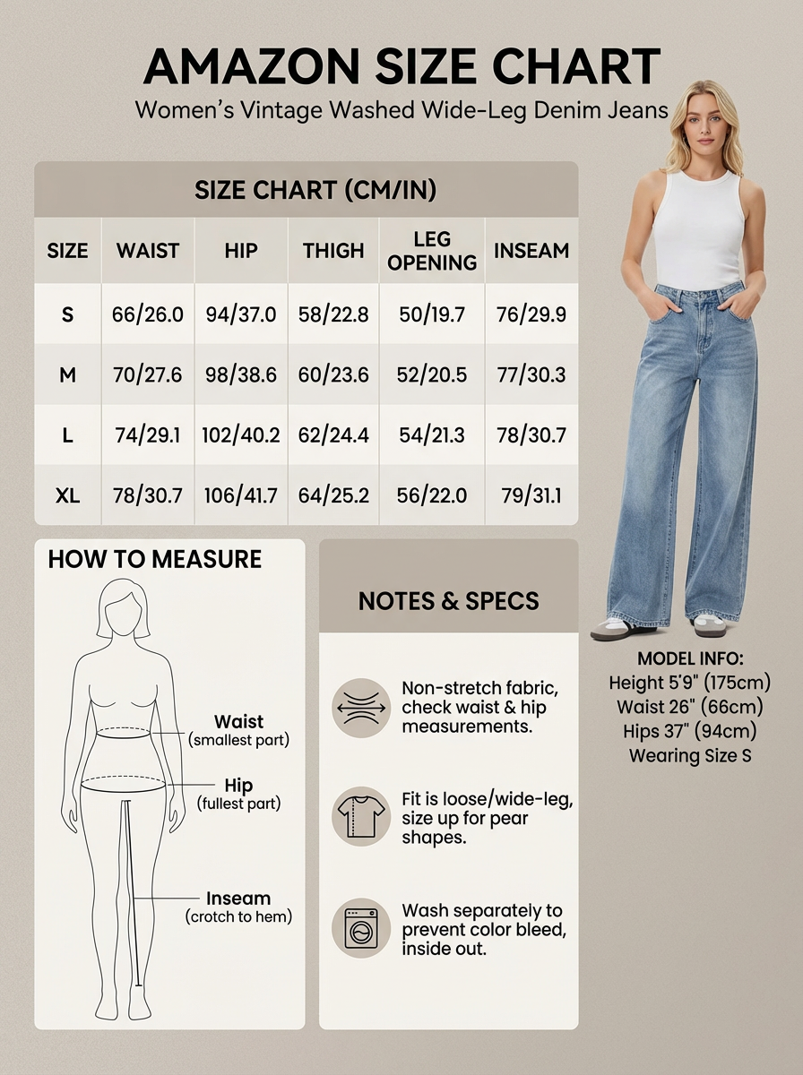 这是亚马逊女士复古水洗阔腿牛仔裤的尺码信息图，标题为AMAZON SIZE CHART，标注对应商品为Women’s Vintage Washed Wide-Leg Denim Jeans。图中包含尺码对照表，列出S、M、L、XL四个尺码对应的腰围、臀围、大腿围、裤腿开口、内缝尺寸；还有如何测量腰围、臀围、内缝的示意图，以及面料特性、版型、洗护说明的注意事项，右侧标注模特信息：身高175cm，腰围66cm，臀围94cm，穿着S码。