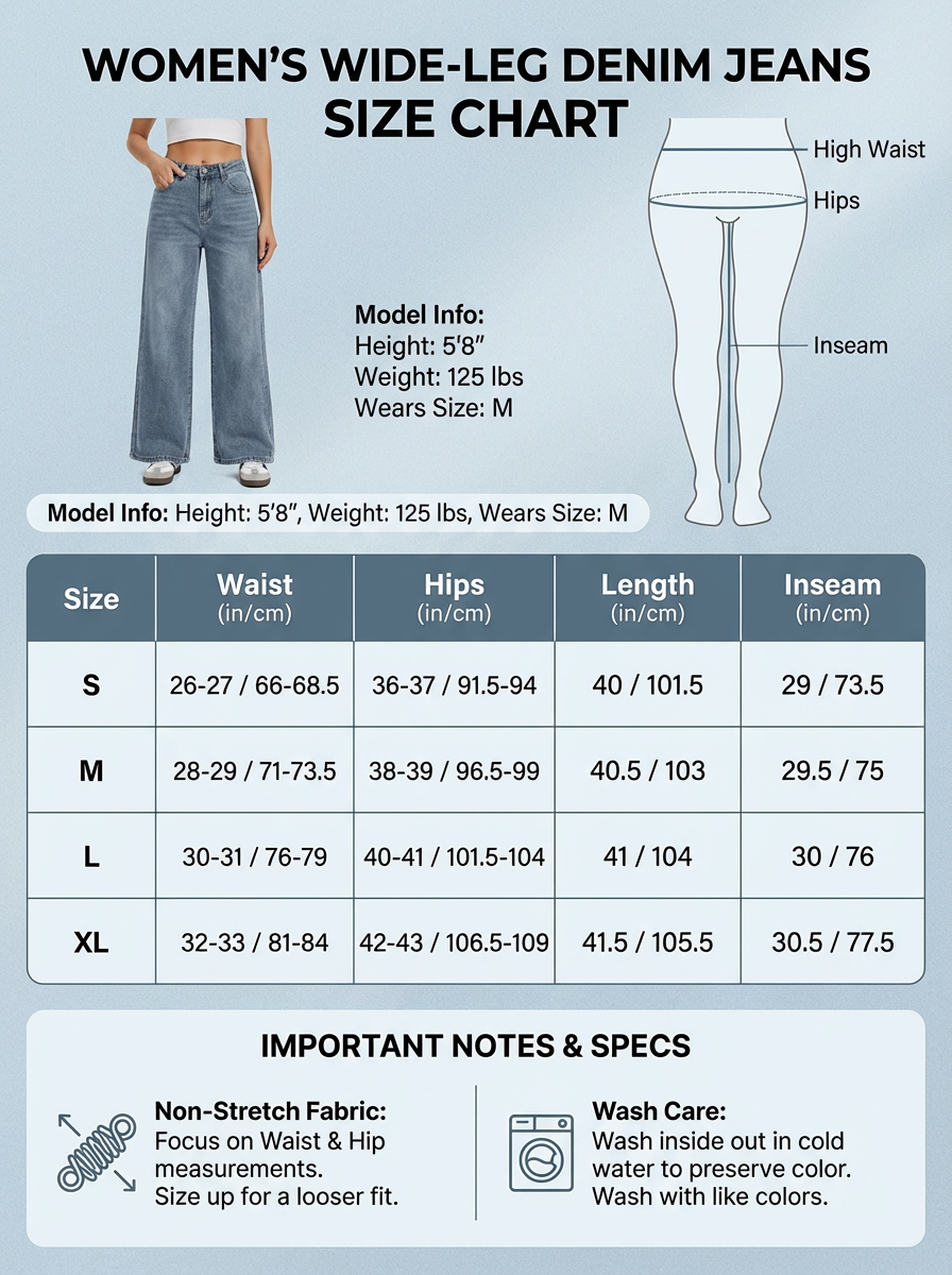 图片是一张女性宽腿牛仔裤尺码表，标题为“WOMEN'S WIDE-LEG DENIM JEANS SIZE CHART”。左侧展示了一位身高5'8"、体重125 lbs、穿M码的模特穿着牛仔裤。右侧是牛仔裤的侧面示意图，标注了高腰、臀部、裤长和裤脚长度。表格详细列出了S、M、L、XL四个尺码的腰围、臀围、裤长和裤脚长度，如S码腰围26 - 27 in/66 - 68.5 cm，臀围36 - 37 in/91.5 - 94 cm等。底部还标注了非弹性面料需关注腰臀测量，洗护时需冷洗等注意事项。