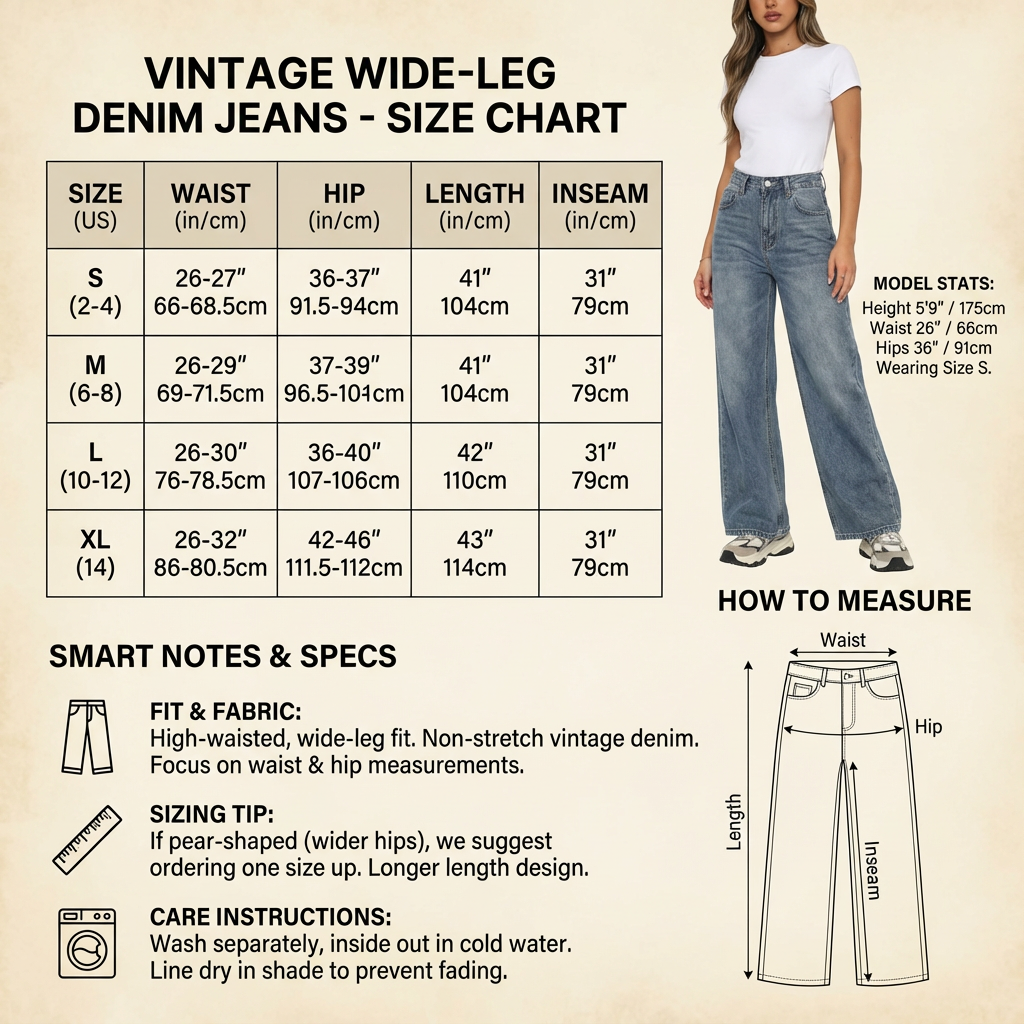 这张图是VINTAGE WIDE-LEG DENIM JEANS的尺码表，以表格形式呈现了美码S、M、L、XL四个尺码的腰围、臀围、裤长、内长数据，还标注了对应的实际测量值区间，比如S码腰围为26"-27"、臀围36"-37"等。图中右侧有一位身着该款牛仔裤的女性模特，同时标注了模特的具体身材数据，表明模特身高175cm，臀围91cm，穿着尺码为S。此外，图中还附带有牛仔裤的测量示意图，明确标注了腰围、臀围、裤长、内长这些尺寸的测量位置，还提供了合身说明、尺码建议、洗涤保养等相关实用信息。