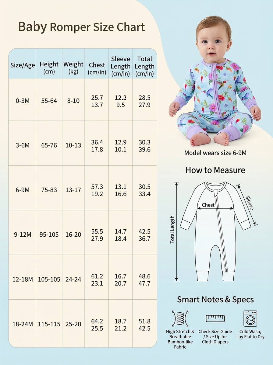 图片是一张婴儿连体衣尺码表，标题为“Baby Romper Size Chart”。表格按尺寸/年龄、身高（cm/in）、体重（kg）、胸围（cm/in）、袖长（cm/in）、总长（cm/in）分类，列出0 - 24个月不同年龄段的尺寸数据。右下角有测量示意图，标注了总长、胸围、袖长。还标注了面料特点（高弹力、可机洗）、护理说明（冷洗、平铺晾干）及适合使用尿布的尺码范围。图片与上下文介绍的服装套图案例相关，展示了婴儿连体衣的尺码信息。