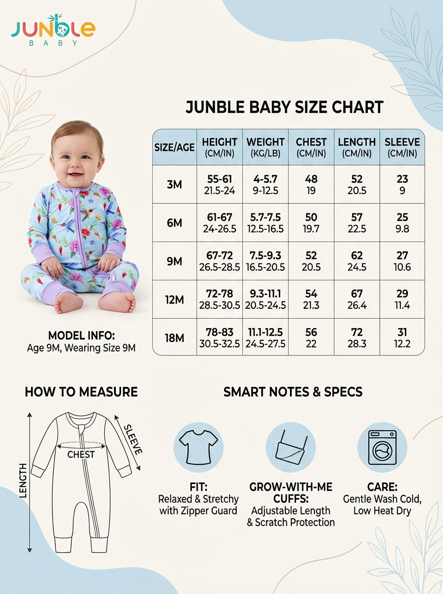 图片是JUNBLE BABY的婴儿服装尺码表。上方有品牌标志及“JUNBLE BABY SIZE CHART”字样。表格按3M、6M、9M、12M、18M五个尺寸标注身高、体重、胸围、长度、袖长等数据。下方“MODEL INFO”显示模特9个月，穿9M号。底部“HOW TO MEASURE”示意图标注服装各部位测量位置，“SMART NOTES & SPECS”部分有服装特点说明，如“GROW-WITH-ME CUFFS”等。