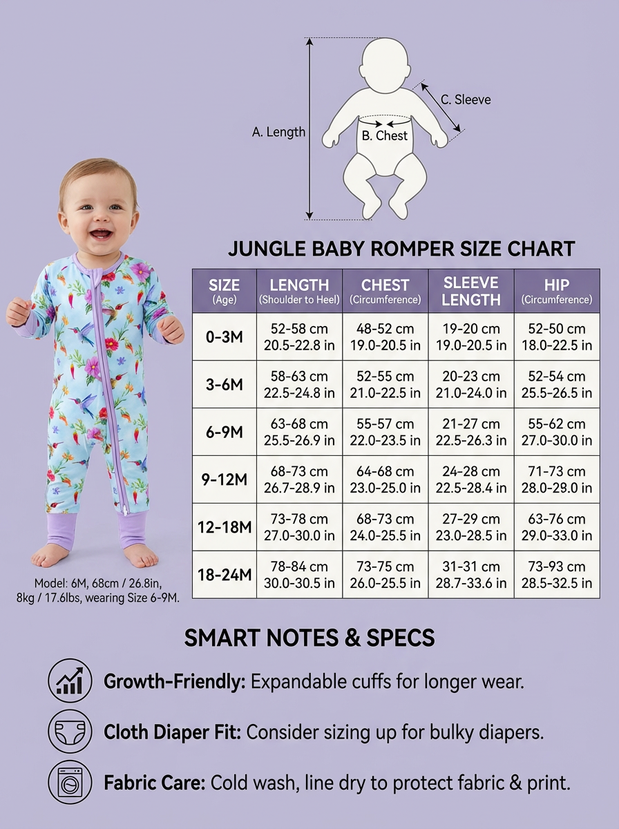 图片是一张Jungle Baby Romper的尺码图。图中展示了0 - 24个月不同年龄的尺码信息，包括长度、胸围、袖长、臀围等尺寸数据，如0 - 3个月的长度为52 - 58 cm，胸围48 - 52 cm等。图下方有“SMART NOTES & SPECS”标题，列出成长友好、布尿布适配及面料护理等注意事项。图片与上下文紧密相关，直观呈现了服装的尺码规格，方便消费者选择合适尺码。