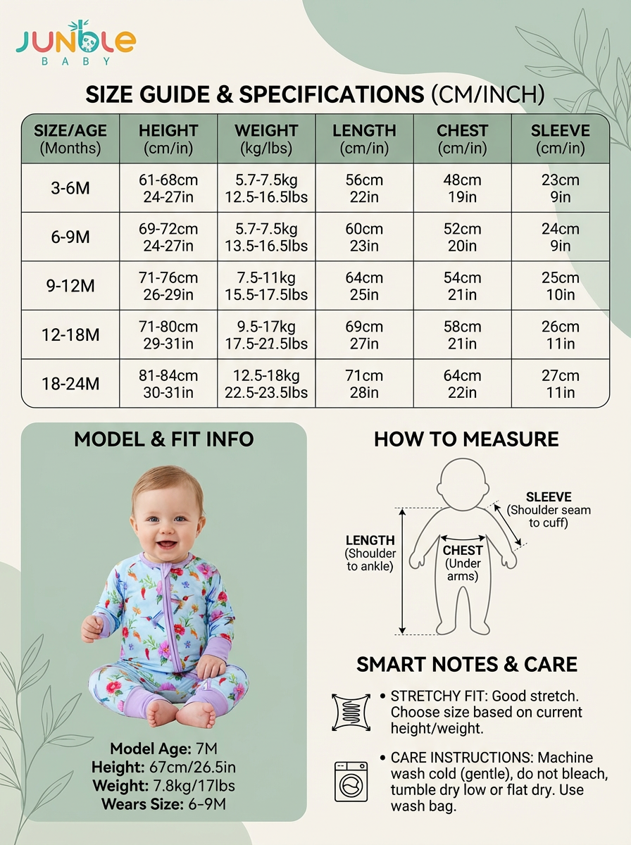 图片是Jumble Baby婴儿服装的尺寸指南与规格表。表格以身高、体重、长度、胸围、袖长为维度，列出3-6M至18-24M不同月龄的尺寸数据。下方有模特及尺码信息，模特7个月，身高67cm/26.5in，体重7.8kg/17lbs，穿6-9M尺码。还配有测量方法示意图，标注了长度（肩缝至手腕）、胸围（腋下）和袖长（肩缝至袖口）的测量位置。最后给出护理提示，如可机洗、不可漂白等。