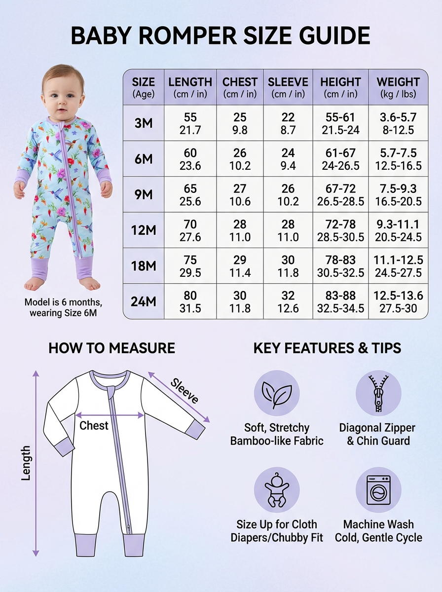 图片是一张婴儿连体衣尺码图，标题为“BABY ROMPER SIZE GUIDE”。图中展示了不同月龄婴儿的连体衣尺寸，包括长度、胸围、袖长、身高和体重等数据，如3M月龄的长度为21.7cm，胸围9.8cm等。还配有测量示意图，标注了长度、胸围和袖长的测量位置。此外，图中还介绍了连体衣的材质为柔软、有弹性的竹纤维，有对角拉链及下巴保护，适合布尿布或宽松型，可机洗冷洗。该图与上下文介绍的服装尺码图相关，为购买婴儿连体衣提供参考。