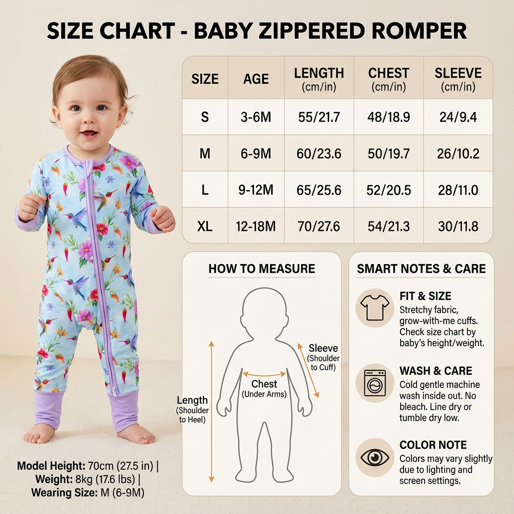 这张图片是婴幼儿拉链连体衣的尺码表，展示了标注为“SIZE CHART - BABY ZIPPERED ROMPER”的相关信息。左侧是穿着浅蓝底色带花卉图案连体衣的婴幼儿，标注了该模特的身高、体重及所穿尺码为M（6-9M）。中间的表格清晰列出S、M、L、XL四个尺码对应的适用月龄、衣长、胸围、袖长数据，还附带了标注衣长、胸围、袖长测量方式的示意图。右侧则是关于该衣物的尺寸特点、洗涤方式及颜色差异的说明信息。