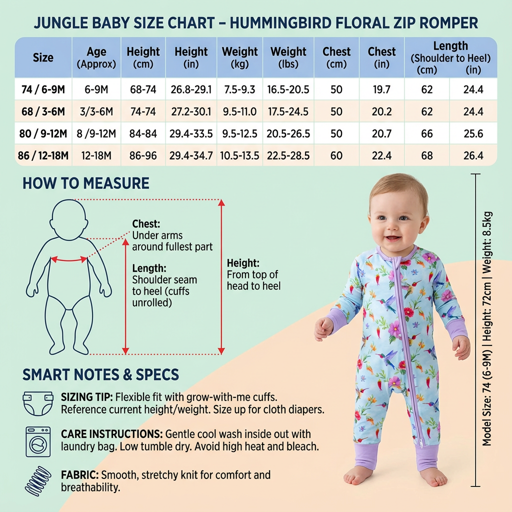 图片是JUNGLE BABY品牌Hummingbird Floral Zip Romper的尺码图。图中展示了不同尺寸的服装尺码，包括身高、体重、胸围、长度等数据，如74/6 - 9M尺寸对应身高68 - 74cm、体重7.5 - 9.3kg等。还配有测量方法示意图，标注了胸围和长度的测量位置。此外，图中还展示了该款服装的模特，标注了其身高72cm、体重8.5kg，以及服装的智能笔记和规格等信息。