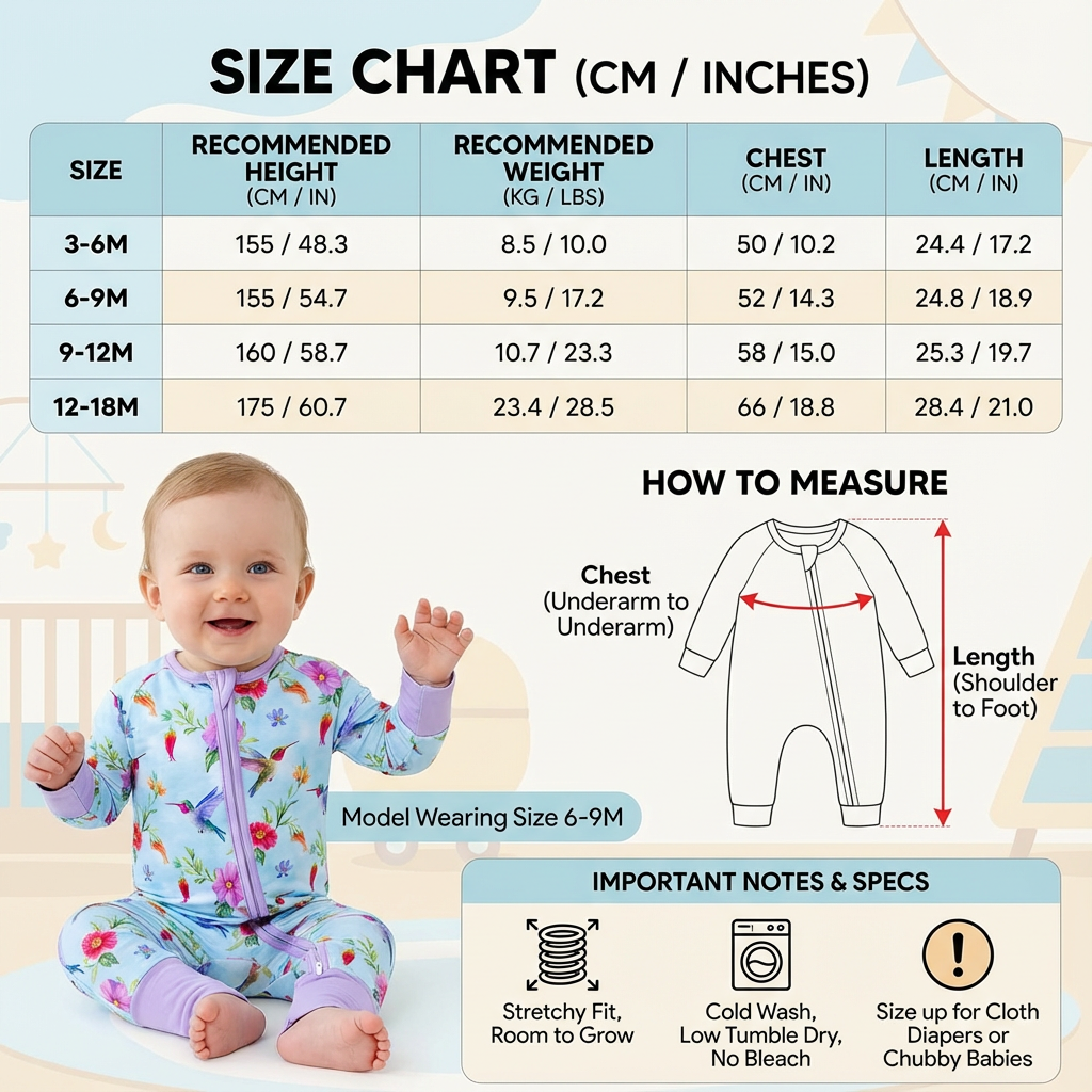 图片是一张婴儿服装尺码表，背景为浅蓝色，上方有“SIZE CHART (CM / INCHES)”字样。表中列出了3-6M、6-9M、9-12M、12-18M四个尺寸，对应推荐身高、体重、胸围、长度等数据。下方有测量示意图，标注了胸围（腋下到腋下）和长度（肩到脚）的测量方法。底部有重要注意事项，如弹性贴身、适合成长、冷水洗涤、低温烘干、不漂白等。图片右侧还展示了6-9M尺码的婴儿服装，供参考。