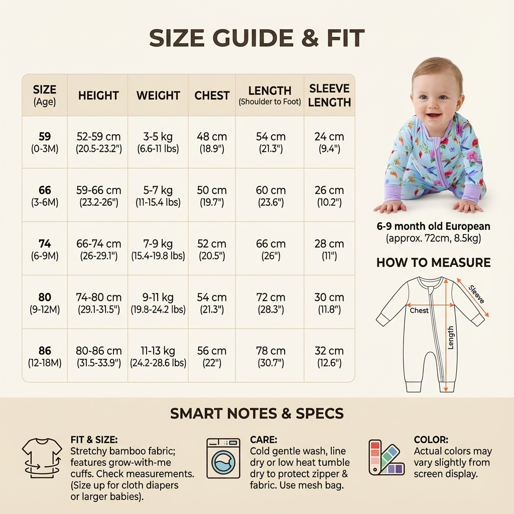 这张图片是童装尺码指南表，核心内容为“SIZE GUIDE & FIT”，表格按年龄划分了5组童装尺码，分别对应不同的身高、体重、胸围、衣长、袖长数据，适配不同月龄的儿童。表格右侧标注了示例婴童为约6个月大的欧洲幼童，同时配有标注了胸围、衣长测量位置的连体衣示意图，说明如何测量对应数据。图片下方还标注了这款童装的面料、护理及颜色相关的说明信息，是服装套图案例中白底3D图对应的尺码参考内容。