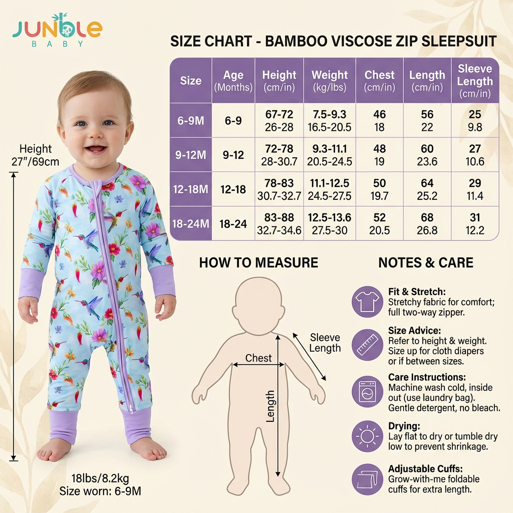 这张图片是JUNBLE BABY品牌竹纤维拉链婴儿睡袋的尺码信息图，主体为带有花卉和蜂鸟图案的婴儿连体长袖睡袋，旁侧是对应睡袋的尺码表，清晰列出6-9M、9-12M、12-18M、18-24M四个尺码对应的年龄、身高、体重、胸围、衣长、袖长数据，适合18磅即8.2kg、穿6-9M尺码的婴儿使用。图中还配有婴儿身体测量示意图标，以及关于睡袋弹力、穿脱建议、清洗护理、袖部可调节设计的说明，帮助使用者了解产品与尺码适配规则。