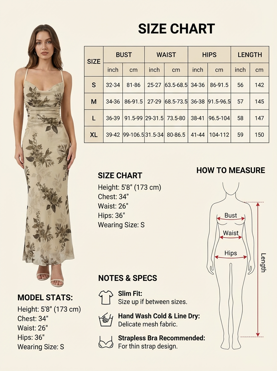 图片是一张服装尺码图，展示了服装的尺寸信息。左侧为一位穿着花卉图案连衣裙的模特。右侧上方是SIZE CHART标题，列出了S、M、L、XL四个尺码的胸围、腰围、臀围和长度数据。下方标注模特身高5'8"（173cm）、胸围34"、腰围26"、臀围36"，穿S码。还配有测量方法示意图，标注了Bust、Waist、Hips、Length等部位。底部有NOTES & SPECS内容，包括服装为修身款、手洗、推荐内衣等。