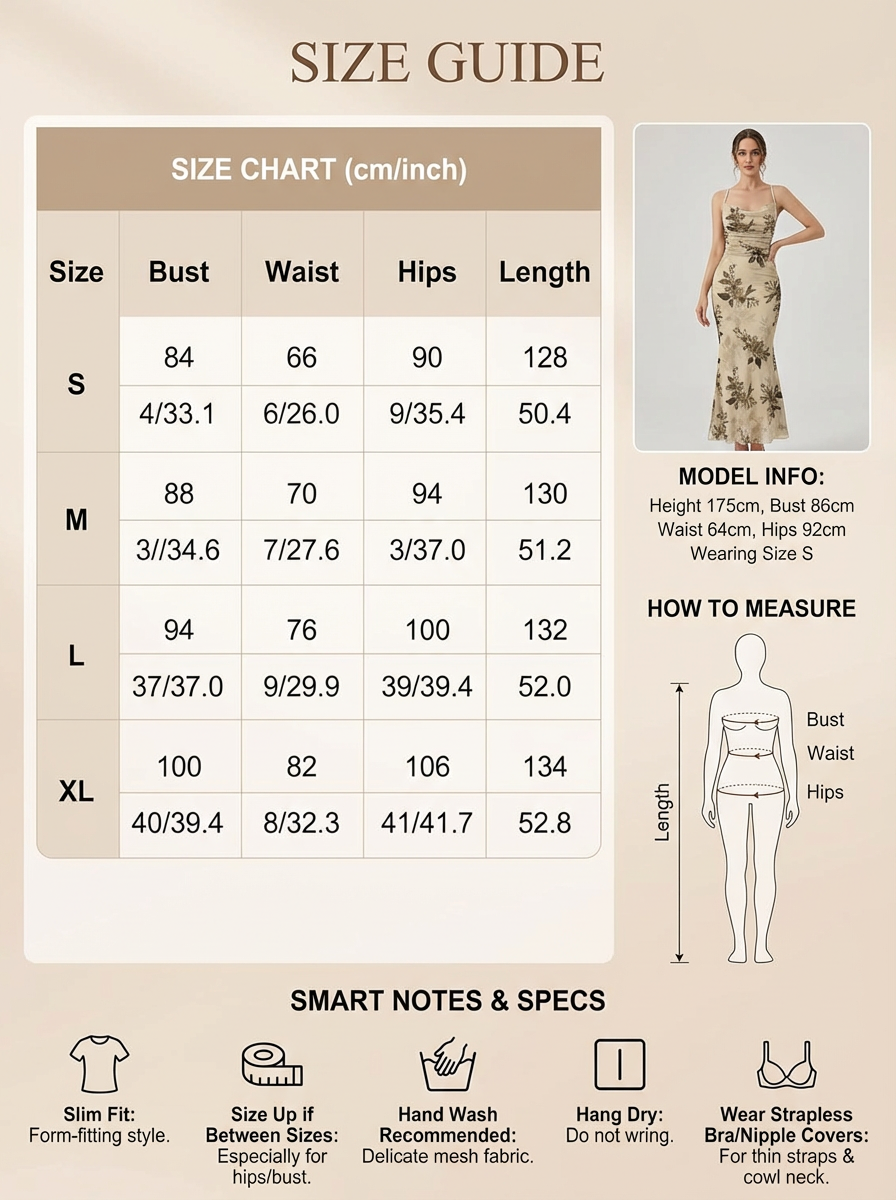 图片是一张服装尺码图，标题为SIZE GUIDE。左侧是SIZE CHART，以厘米/英寸为单位，展示了S、M、L、XL四个尺码的胸围、腰围、臀围、长度等尺寸数据。右侧有模特信息，身高175cm，胸围86cm，腰围64cm，臀围92cm，穿着S码。下方是测量方法示意图，标注了Bust、Waist、Hips、Length等测量部位。底部有SMART NOTES & SPECS，包含服装特点、洗涤建议、晾晒方式等内容。
