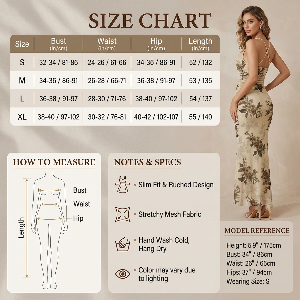 图片是一张服装尺码图，标题为“SIZE CHART”。图中展示了不同尺码的胸围、腰围、臀围及长度数据，如S码为32 - 34 / 81 - 86等。下方有测量方法示意图，标注了胸围、腰围、臀围和长度的测量位置。此外，还介绍了服装特点，如修身褶皱设计、弹力网眼面料等，以及洗涤说明和颜色可能因光线而异的注意事项。右下角有模特参考信息，包括身高、三围及所穿尺码。