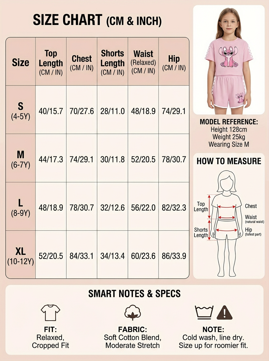 图片是一张服装尺码表，以厘米和英寸为单位，展示了不同尺码的尺寸数据。表中包含Size（尺码）、Top Length（上衣长度）、Chest（胸围）、Shorts Length（短裤长度）、Waist（腰围）、Hip（臀围）等信息。如S码上衣长度为40/15.7厘米，胸围70/27.6厘米等。右侧有模特示例，标注身高128厘米、体重25公斤、穿着M码。底部还标注了面料为柔软棉混纺、适合冷洗晾干、尺码稍大更宽松等注意事项。