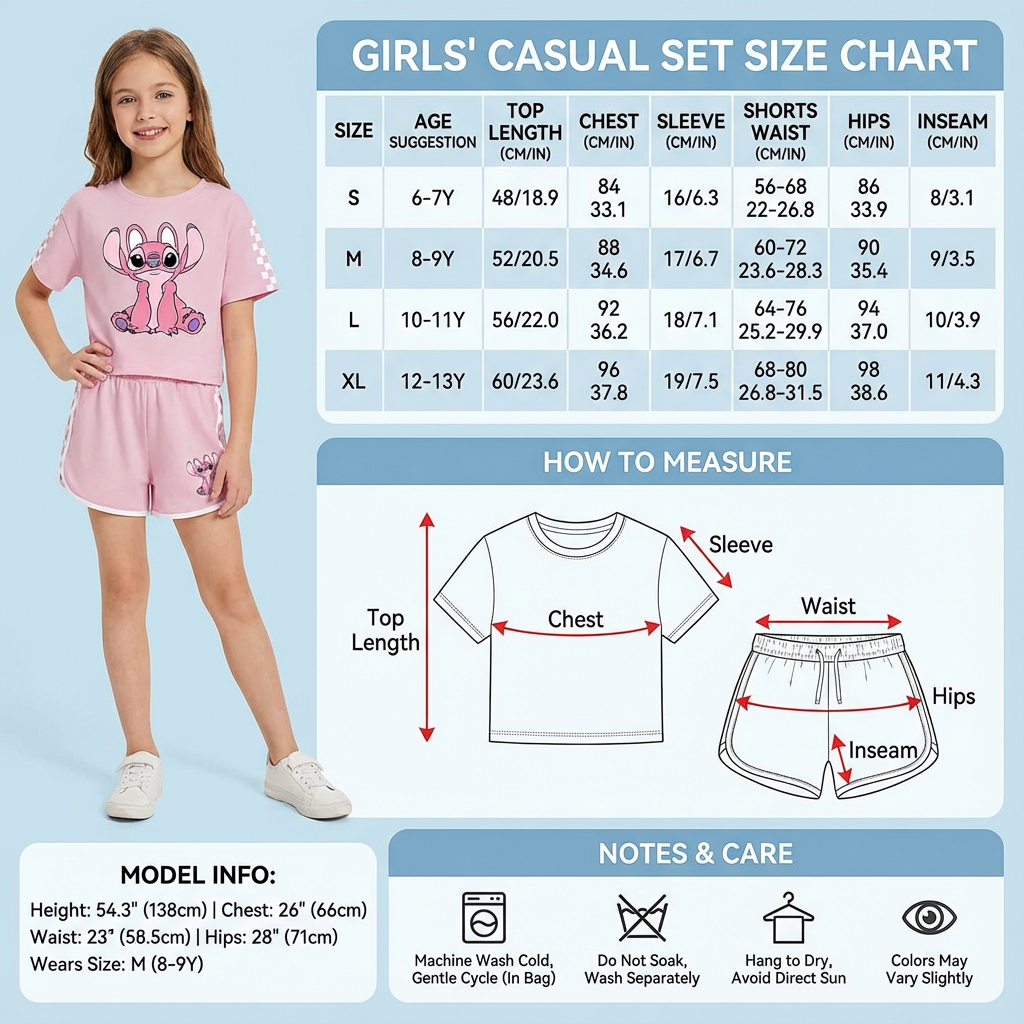 这张图片是一款女童休闲套装的商品展示及配套信息图，图中左侧展示了身着粉色史迪奇印花休闲套装的女童模特，搭配白色鞋子，标注了模特的身高、三围及所穿尺码为M（对应8-9岁）。图片包含女童休闲套装尺码对照表，列出不同年龄段对应的上衣、下装各部位尺寸数据，同时配有各身体部位测量方法的示意图，还标注了洗衣护理注意事项，以及说明商品颜色略有差异的提示，整体用于清晰呈现该服装的穿搭效果、尺码规格与使用相关说明。