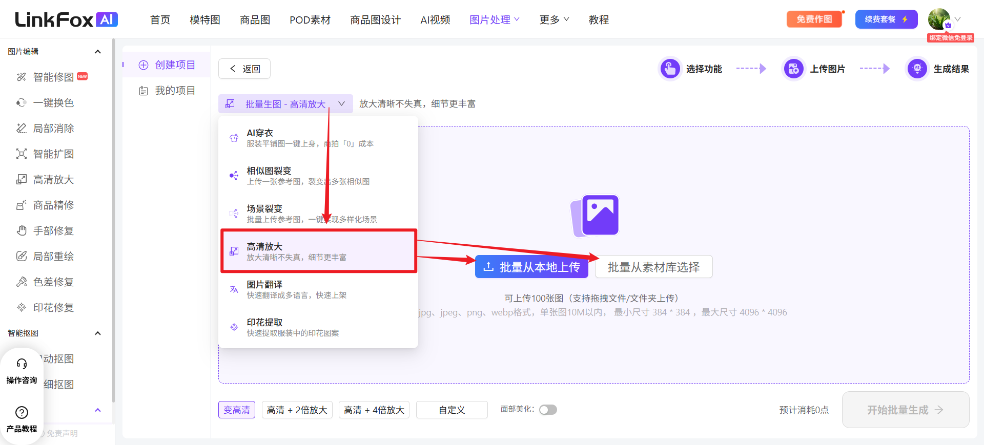 图片展示的是LinkFox AI平台的“高清放大”功能页面。左侧导航栏有“高清放大”选项,右侧功能区有“批量从本地上传”和“批量从素材库选择”两个选项,下方有“变高清”“高清+2倍放大”“高清+4倍放大”“自定义”“面部美化”等操作按钮。页面中红色框突出显示了“高清放大”功能,箭头指向“批量从本地上传”选项,表明可在此上传图片进行高清放大处理,与上下文介绍的高清放大操作相呼应。