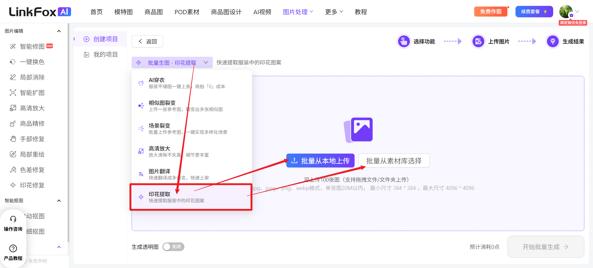 图片展示的是LinkFox AI平台的“印花提取”功能页面。页面左侧为功能导航栏,右侧上方有“创建项目”“我的项目”等选项,下方是“印花提取”功能介绍,其可快速提取服装中的印花图案。右侧中部有“批量从本地上传”和“批量从素材库选择”两个上传选项,下方有“生成透明图”开关和“开始批量生成”按钮。图片与上下文紧密相关,直观呈现了印花提取功能的操作界面及上传方式等关键信息。