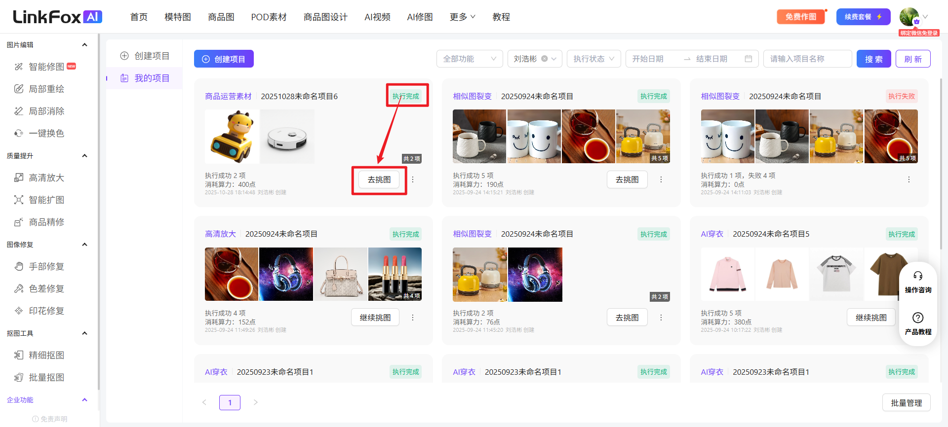 图片展示的是linkfox.cn平台的项目管理界面。左侧为功能导航栏,有智能修图 自动生成图片 addCriterion