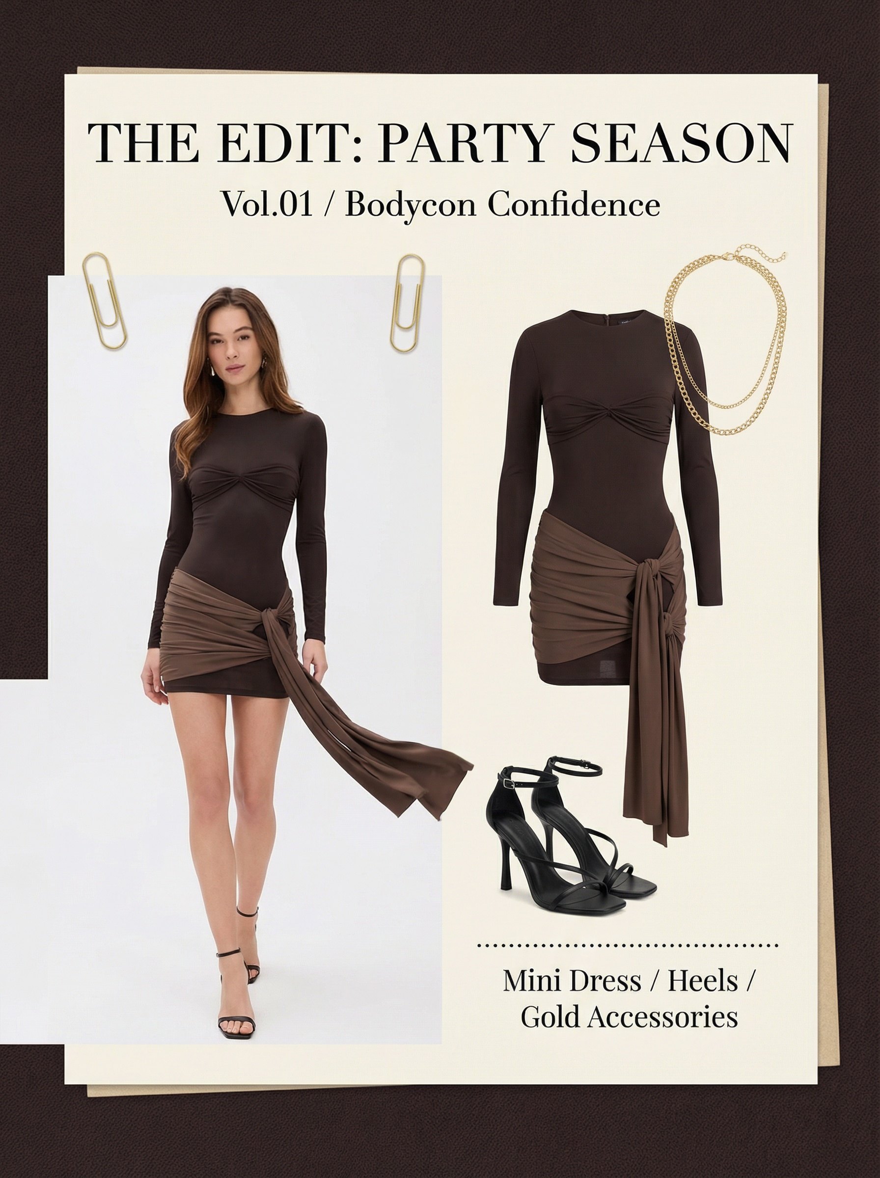 图片展示的是“THE EDIT: PARTY SEASON Vol.01 / Bodycon Confidence”系列服装搭配。左侧是一位身着黑色长袖紧身连衣裙的模特，连ImageRelationImageRelation