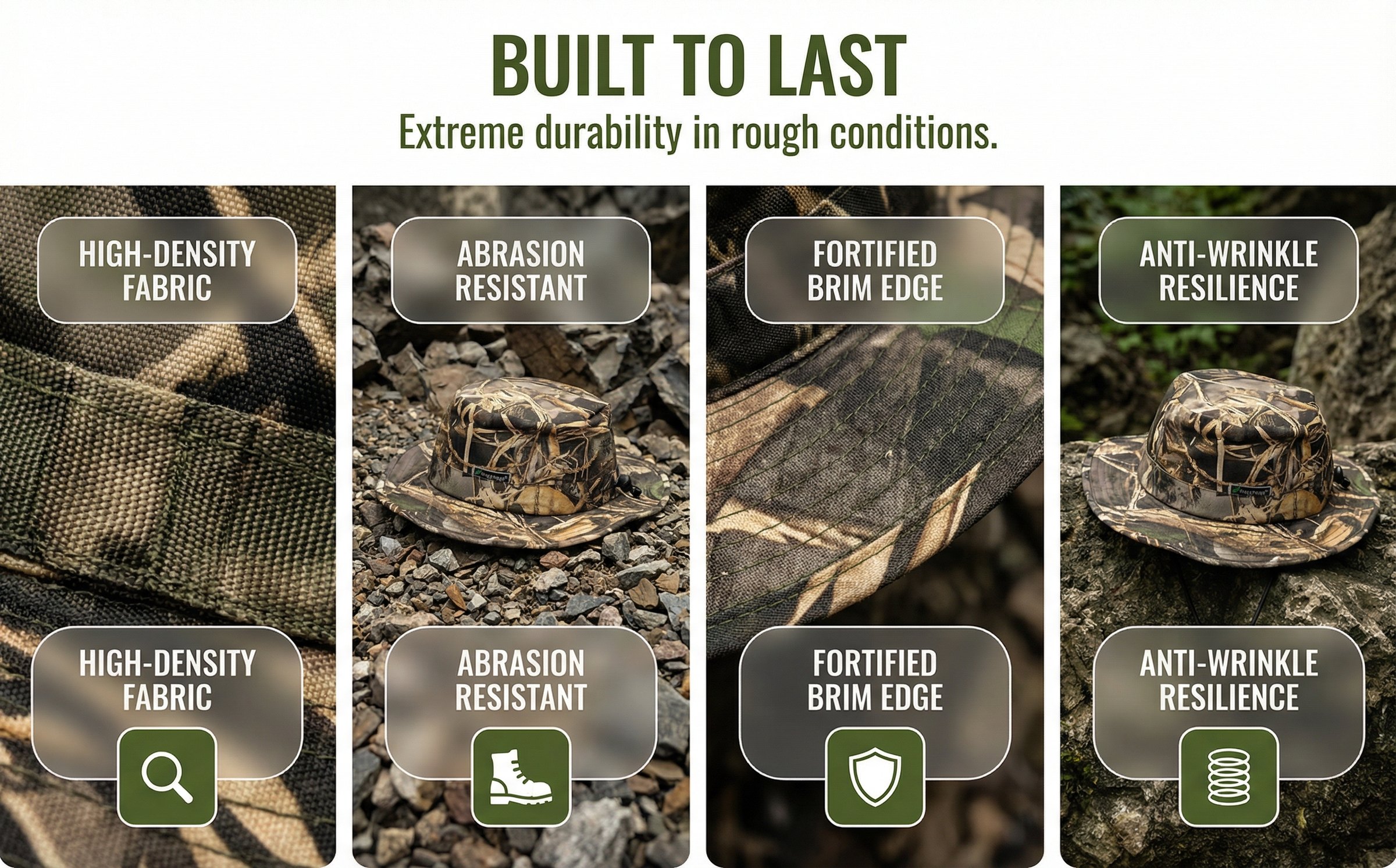 图片展示了户外功能型奔尼帽的四大特性。上方标题为“BUILT TO LAST，Extreme durability in rough conditions”。从左至右，第一张图是高密度织物，配有放大镜图标；第二张图是耐磨性，配有靴子图标；第三张图是加固帽檐边缘，配有盾牌图标；第四张图是抗皱弹性，配有弹簧图标。这些特性与文档中商品信息中“最佳场景：野外探险、丛林穿越、垂钓、狩猎、夏季徒步露营”相契合，突出其耐用性。