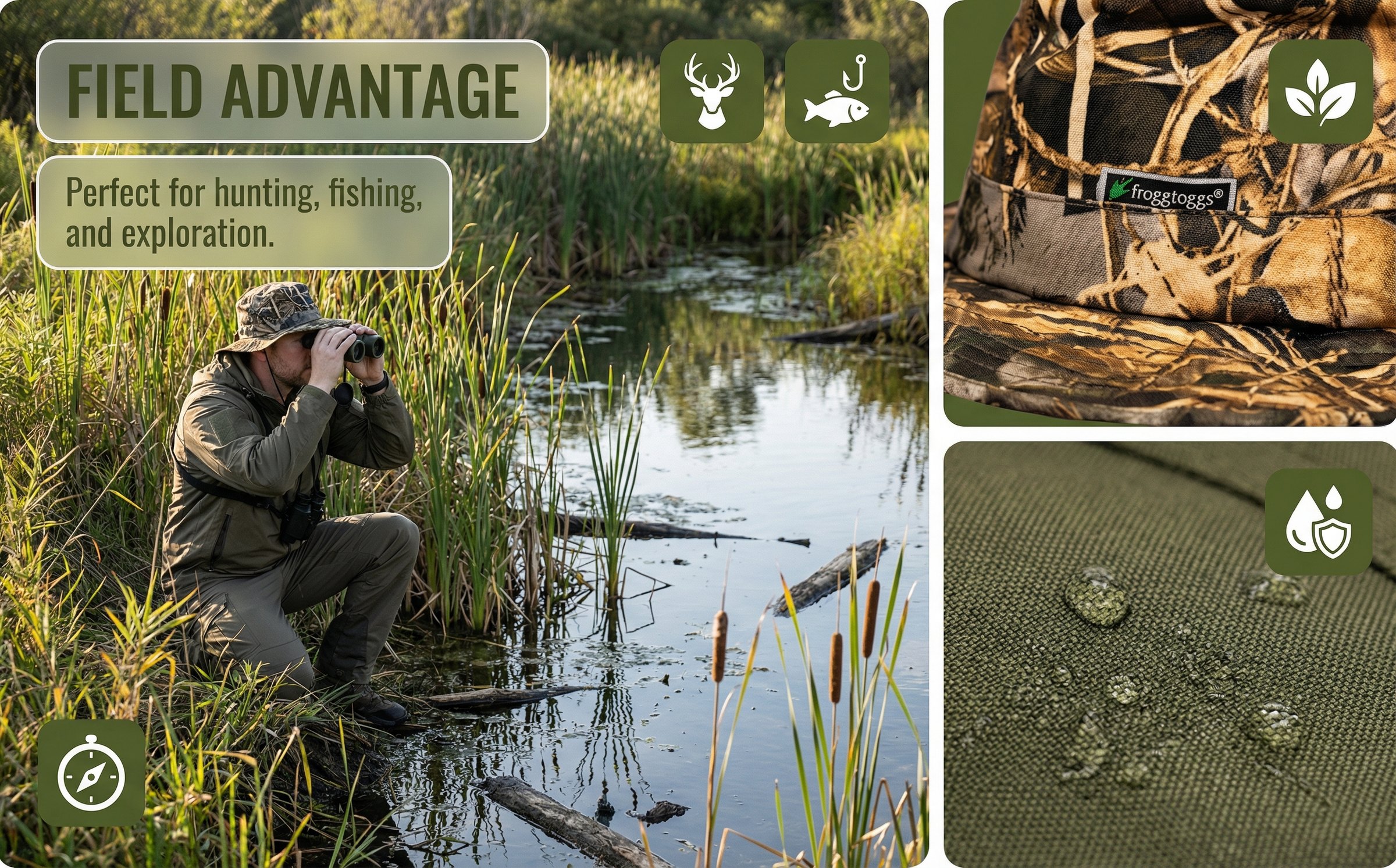 图片展示的是户外功能型奔尼帽的卖点图。左上角有“FIELD ADVANTAGE”及“Perfect for hunting, fishing, and exploration”字样。左下角有指南针图标。中间是一位蹲在水边草丛中，手持望远镜观察的男子。右上角展示了帽子的局部，有“frogg toggs”品牌标识。右下角是帽子面料的特写，有水滴状图案。图片通过场景、产品细节等，突出帽子适用于户外活动的特点。